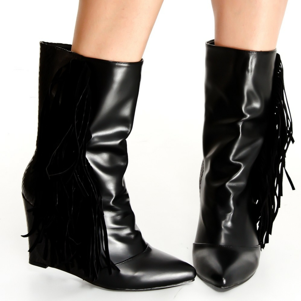 Black Fringe, Mid-calf, Wedge Boots